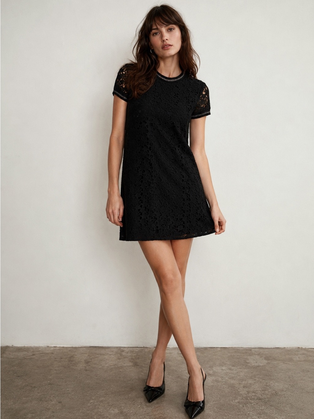 ZARA Black Star Lace Shift Dress NWT Size M Crew Neck Lined Zip Back Sporty Chic
